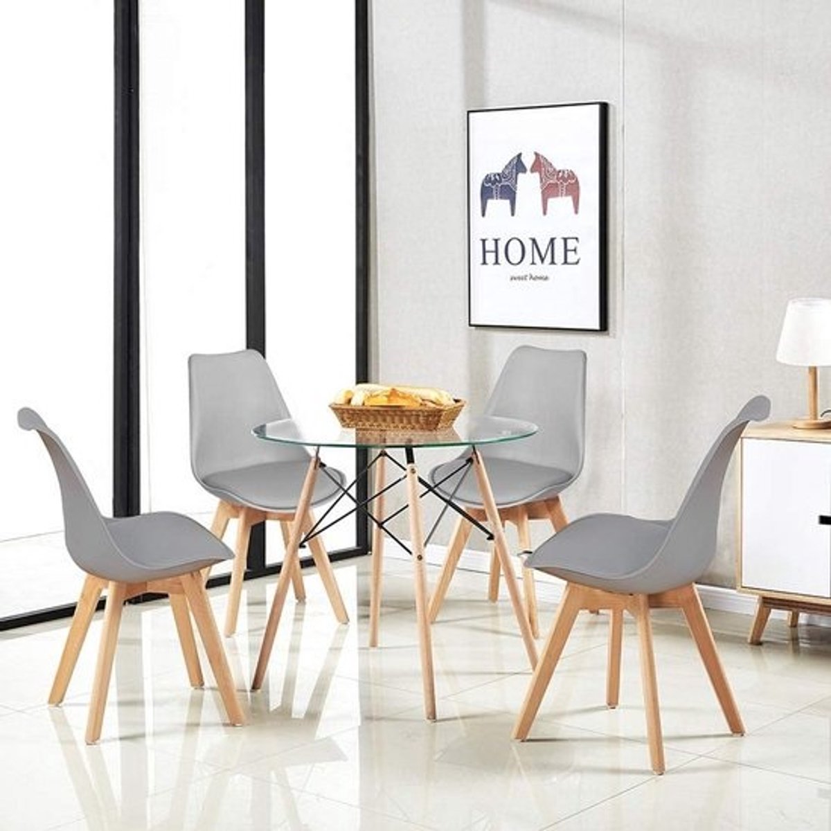 Ronde Eetkamerset met 4 Moderne Tulip Stoelen - Glazen Tafelblad en Houten Poten
