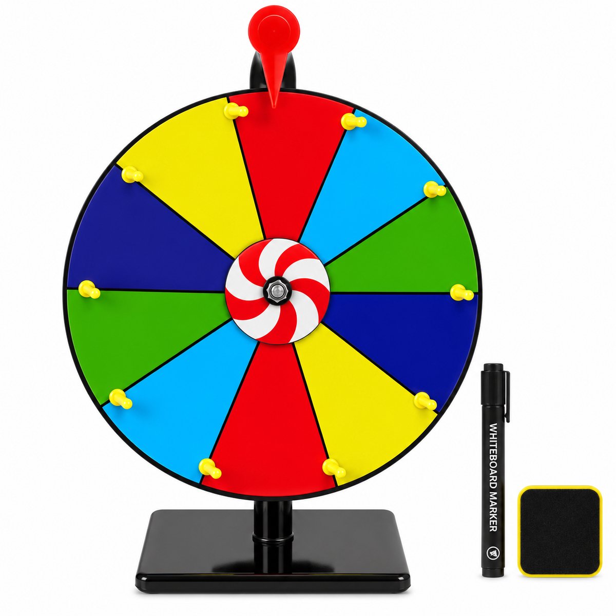 Draairad 30 cm – Rad van Avontuur met 10 Beschrijfbare Vakken – Prijzenwiel – Inclusief Stift en Wisser spel