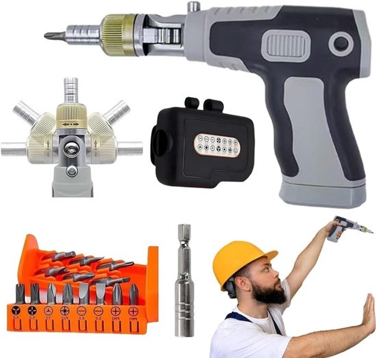 Ratelschroevendraaier Set - Handgereedschap Kit - Klusjes Uitvoeren - Magnetische Bithouder - 16-delig - Grijs