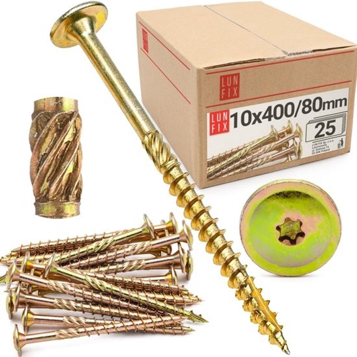 Platte Kop Schroeven Metaal/Hout 10 x 400 mm Pakket 25 Stuks Torx Aandrijving Geel Verzinkt
