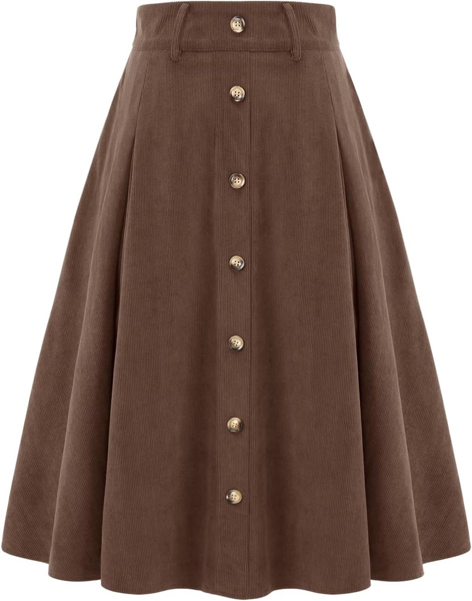 Rok voor dames, halflang, cordrock, A-lijn, vintage rok, platte rok, basic casual hoge taille, vrijetijdsrok met zakken