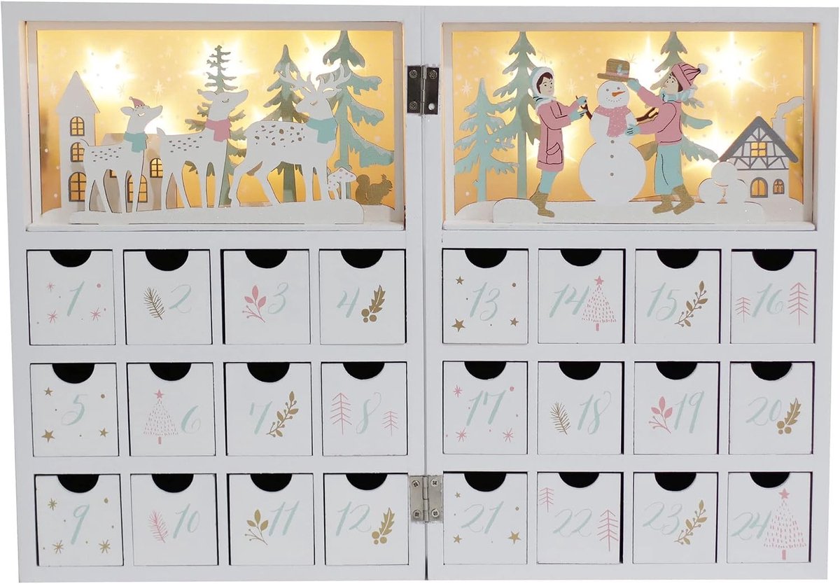 Kerstmis Adventskalender - Wit - 41,7 x 30 x 5,7 cm - Houten Kalender met 24 Laden en LED Verlichting - Voor Kinderen en Volwassenen
