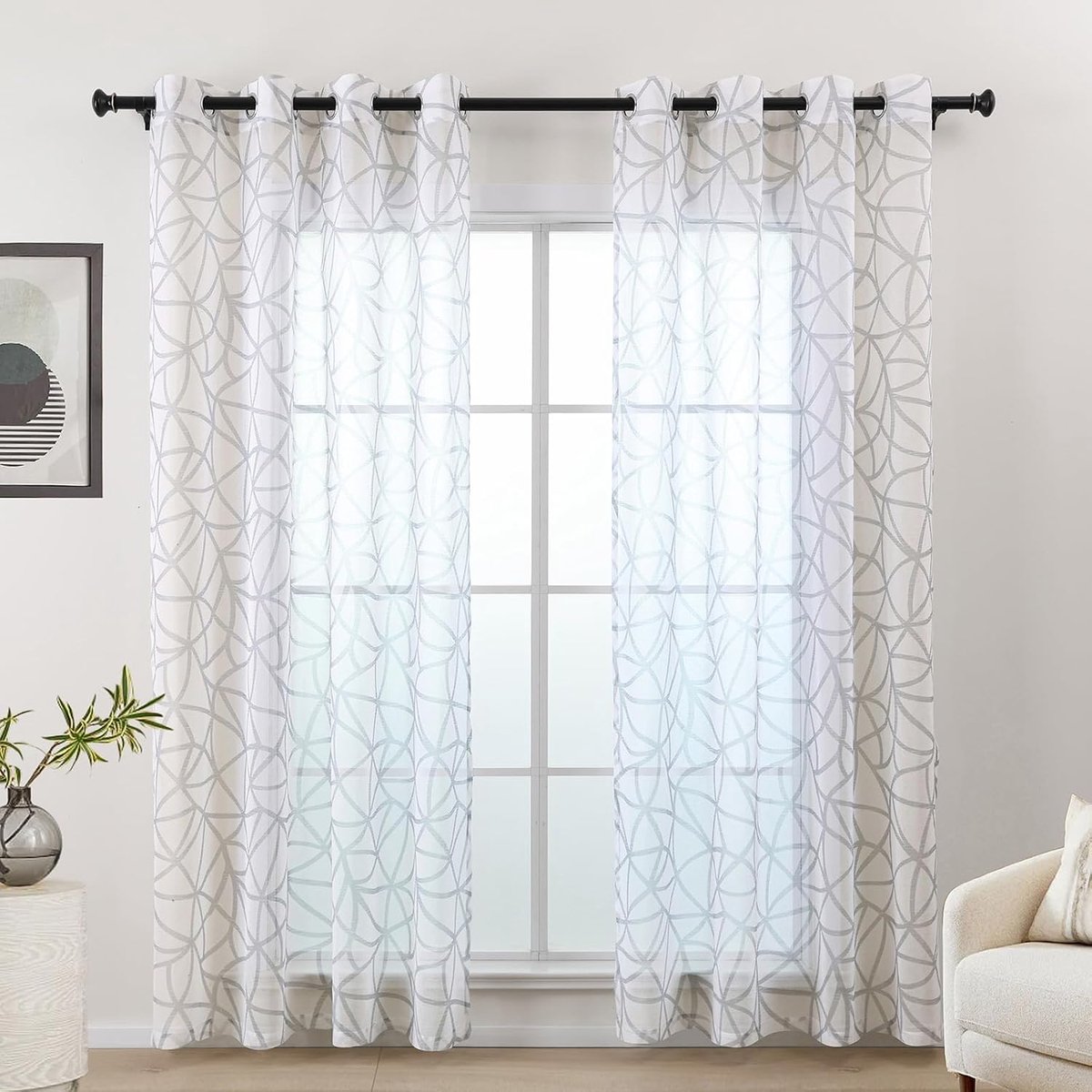 Gordijnen, grijs-wit, gordijnen voor woonkamer, gordijn grijs-wit voor slaapkamer, 245 cm lang, met oogjes, transparant, geometrisch design, set van 2 gordijnen, gordijn met ogen (LZE2238E-GR245