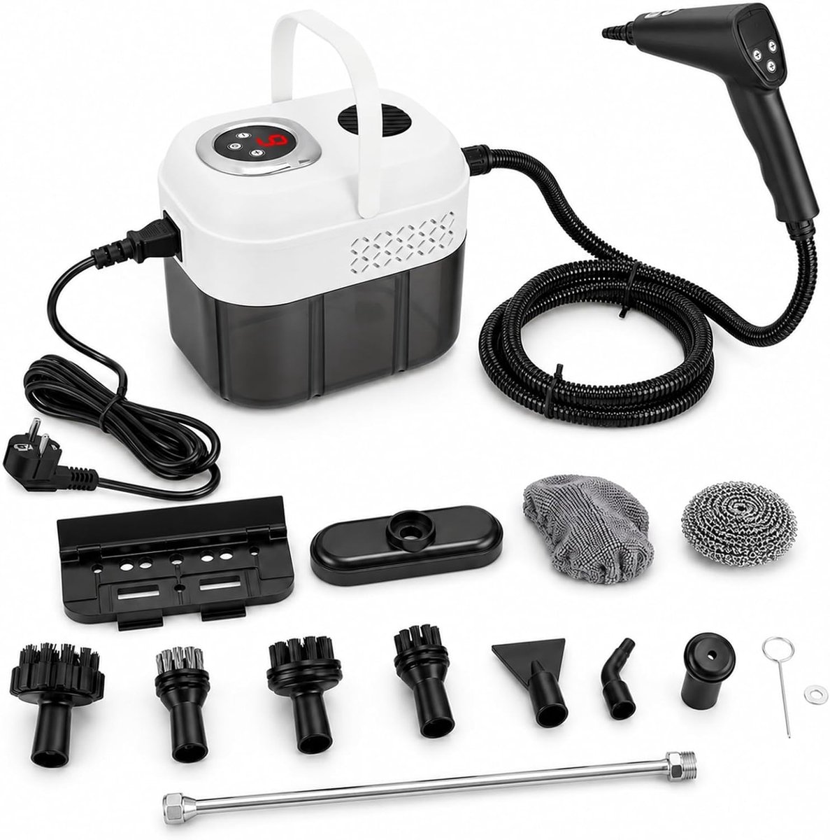 Stoomreiniger, handapparaat, 1500 W, 4,5 bar hoge druk, 15 seconden verwarmingstijd, 1700 ml tank, 14 accessoires, 2 m slang, draagbare stoomreiniger voor keuken, vloer, raam, grill met 6 stoomstanden