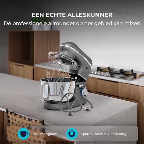 Keukenmachine - 2000W - RVS Mengkom (6,2 L) - Keukenrobot - Mixer met Garde, Deeghaak en Menghaak - Incl. extra Accessoires – Antraciet — afbeelding 5