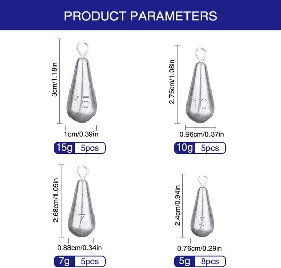 Visgewichten 23 Stuks 5g/7g/10g/15g - Lood Zinkers - Traan Stijl - Ideaal voor free rig vissen - ServiceTopper — afbeelding 5