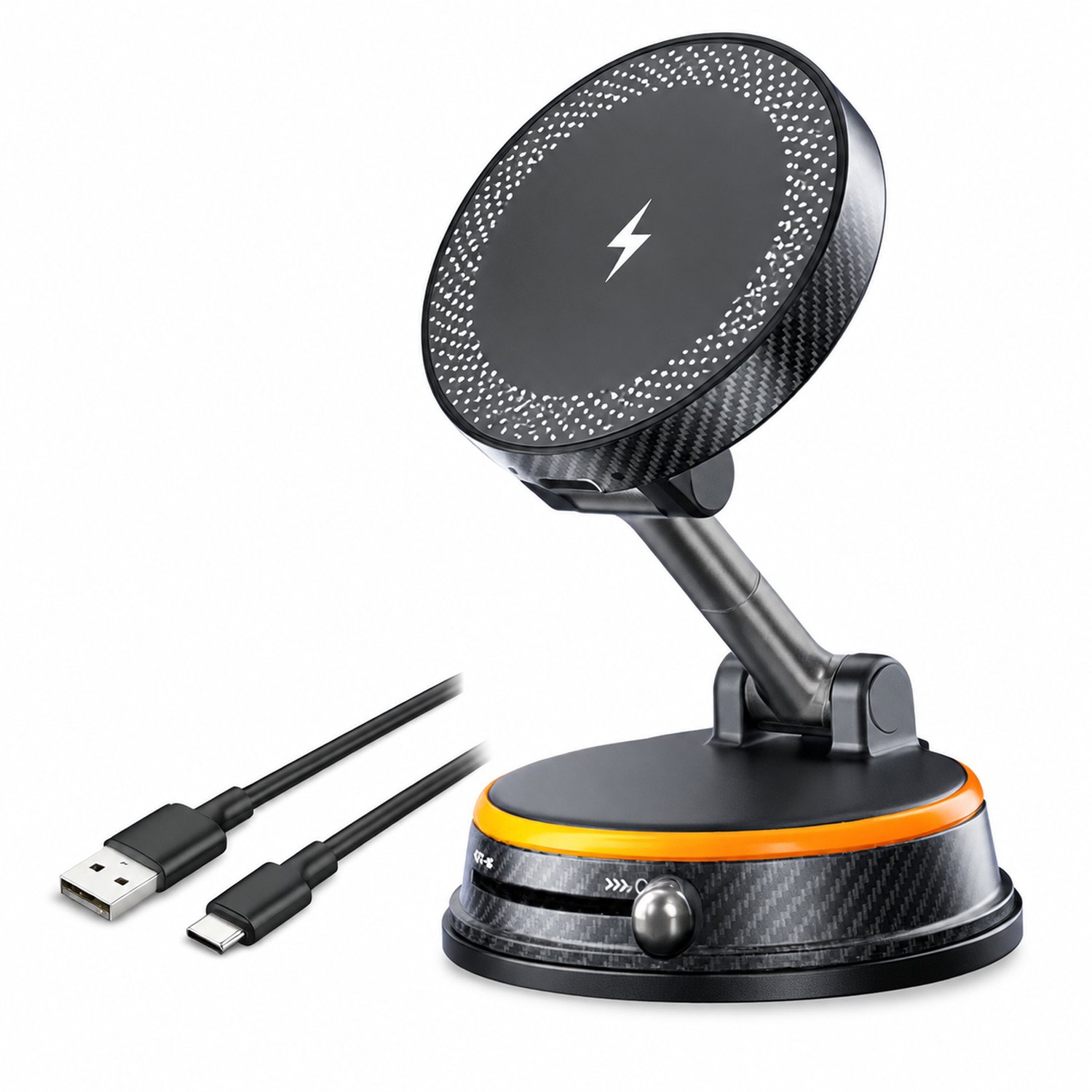 Telefoonhouder voor op het bureau met zuignap magnetische bevestiging draadloze oplading en uitschuifbare arm inclusief een magnetische ring en een Type C datakabel oranje