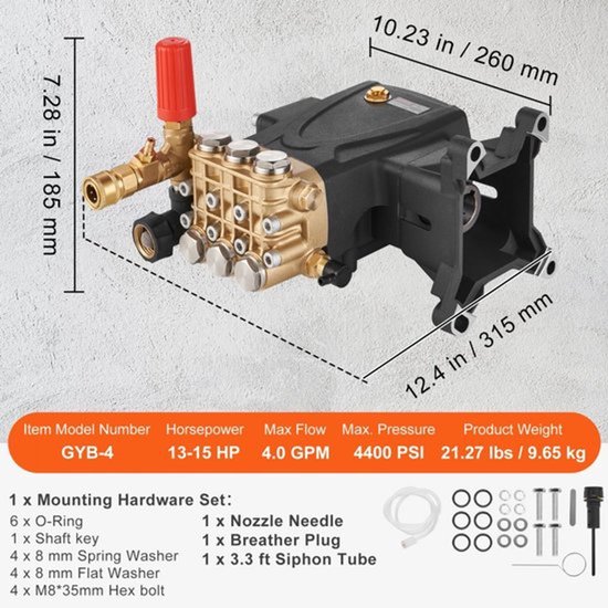 Hogedrukreiniger Vervangingspomp - 25,4 Mm As - 303 Bar Druk - 15 L/min Debiet - Horizontale Triplex Plunjer - Voor Benzine Motoren — afbeelding 3