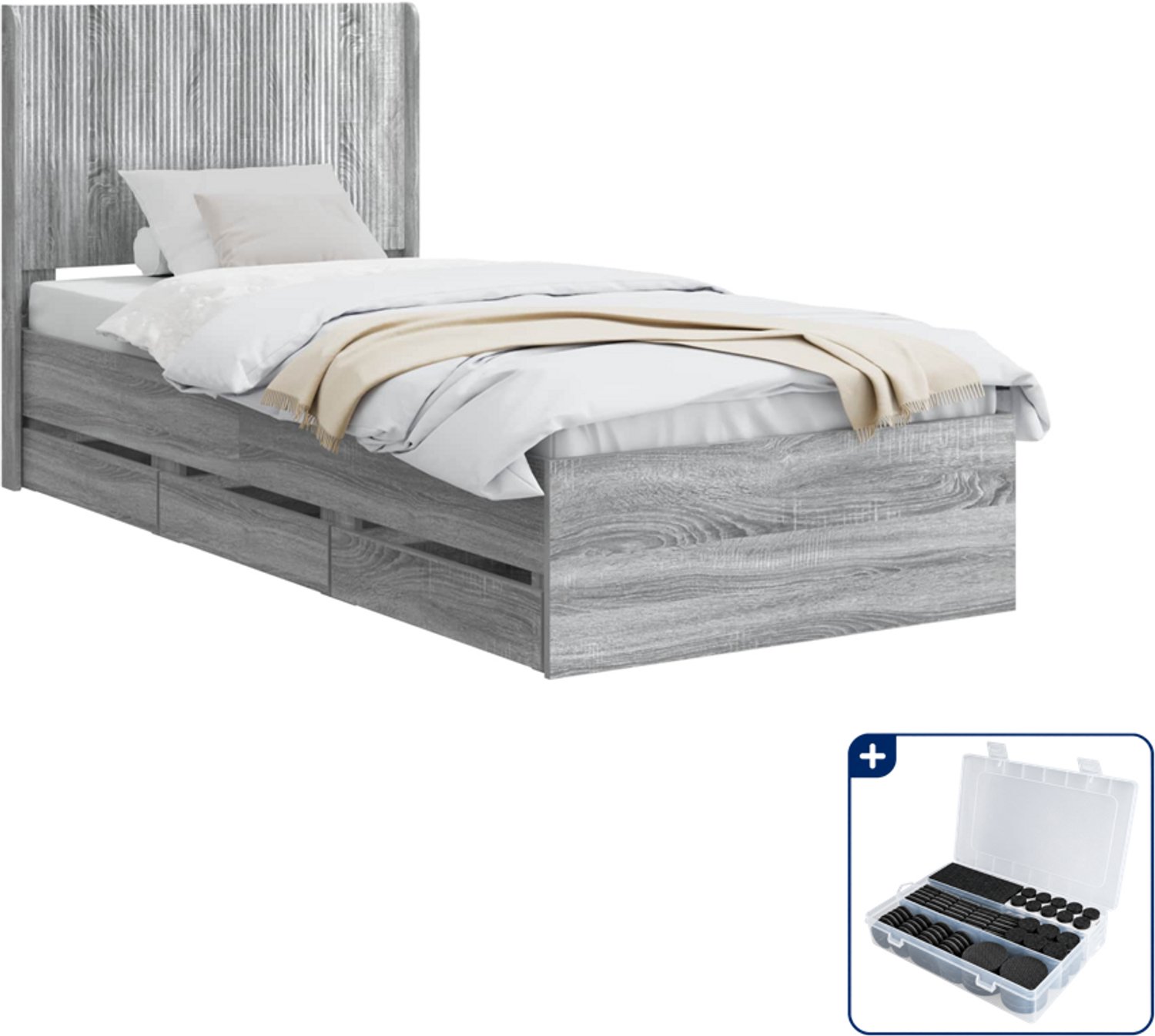 vidaXL bedframe met opbergruimte - 90 x 190 cm - bewerkt hout - grijs - Inclusief antikrasvilt 177-delig