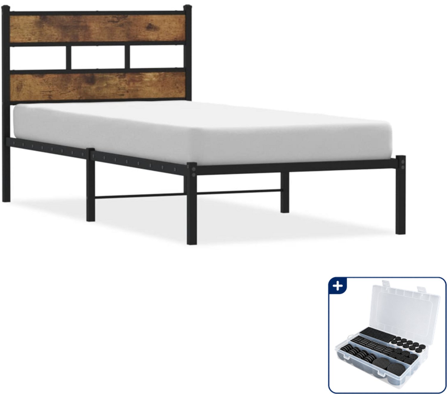 vidaXL bedframe - 100 x 200 cm - metaal - gerookt eikenkleurig - Inclusief antikrasvilt 177-delig Bruin