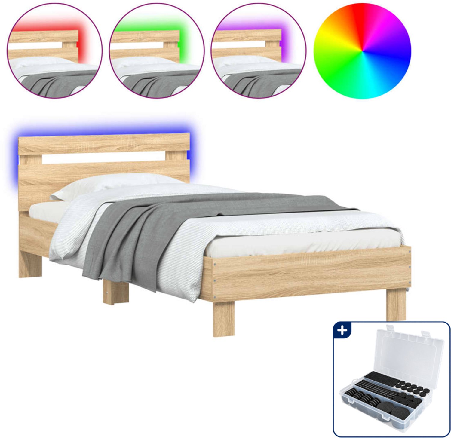 vidaXL bedframe met hoofdbord en led - 90 x 190 cm - sonoma eiken - Inclusief antikrasvilt 177-delig Bruin