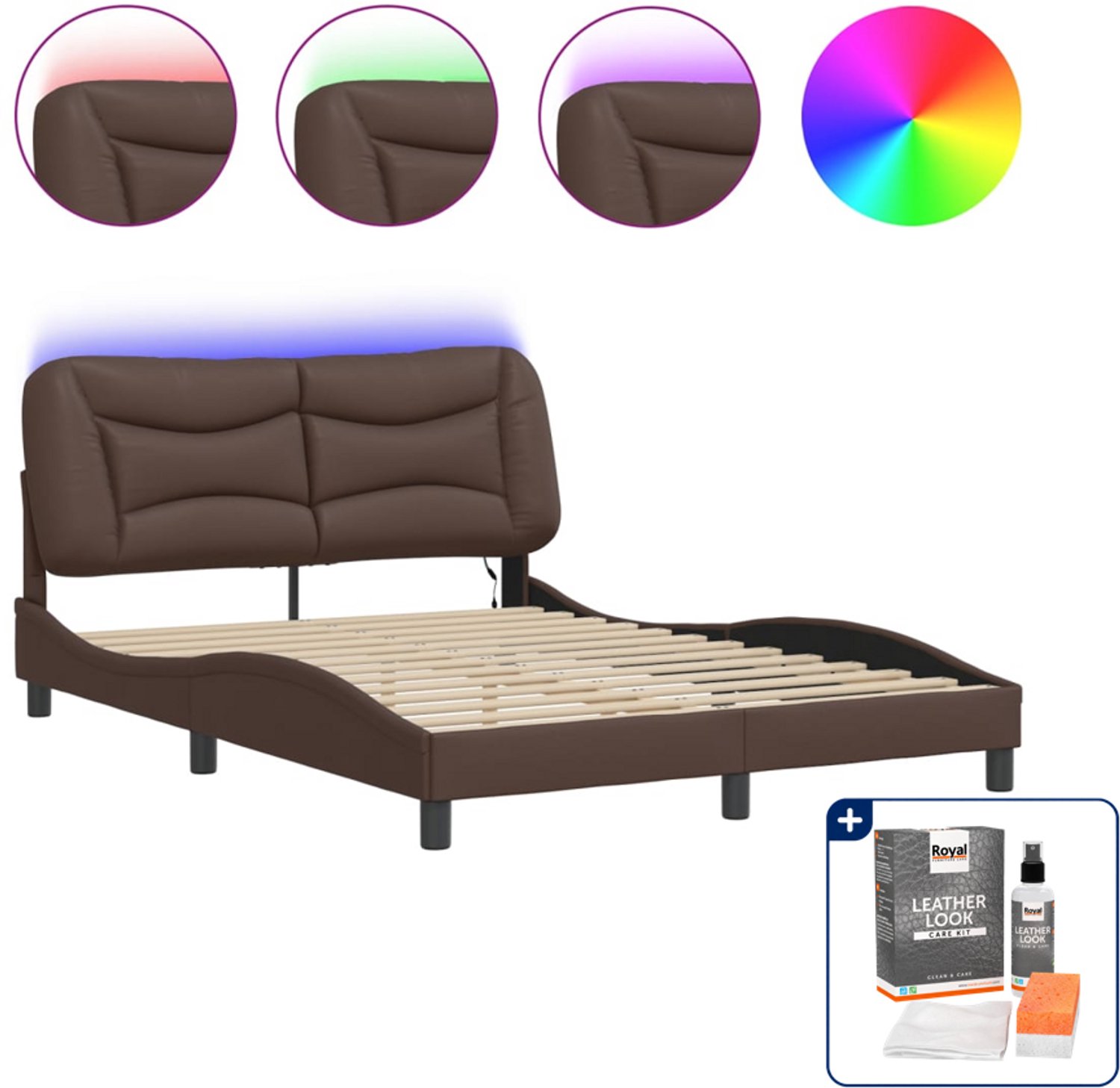 vidaXL Hvar bedframe - 140 x 190 cm - kunstleer - bruin - Inclusief onderhoudsset voor kunstleer 150 ml