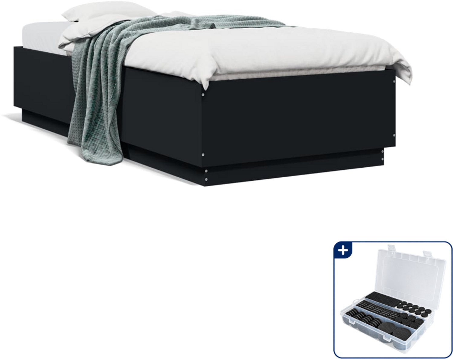 vidaXL bedframe - 90 x 200 cm - bewerkt hout - zwart - Inclusief antikrasvilt 177-delig Roze