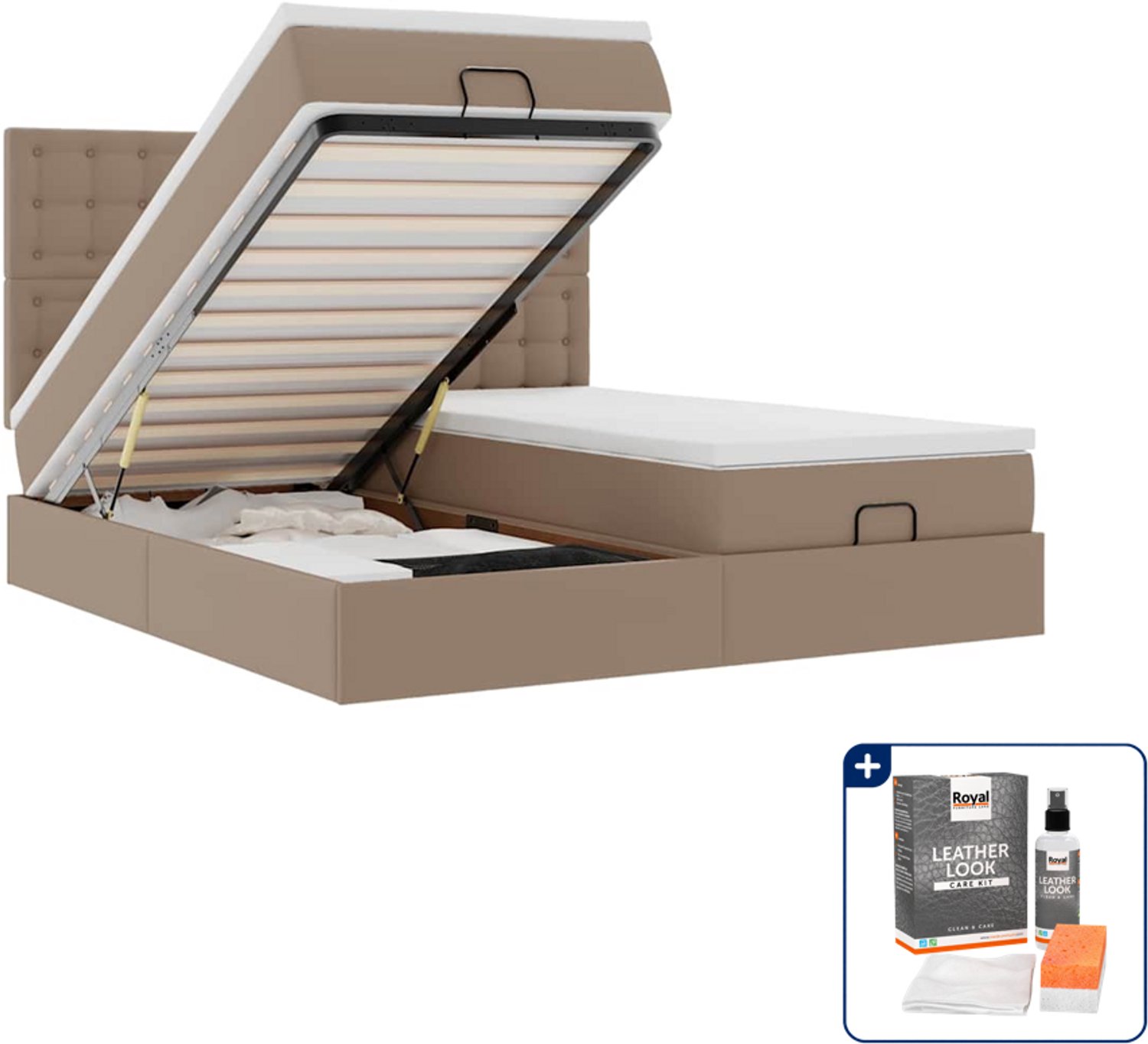 vidaXL Ottoman bed - 200 x 200 cm - kunstleer - cappuccino - Inclusief onderhoudsset voor kunstleer 150 ml Bruin