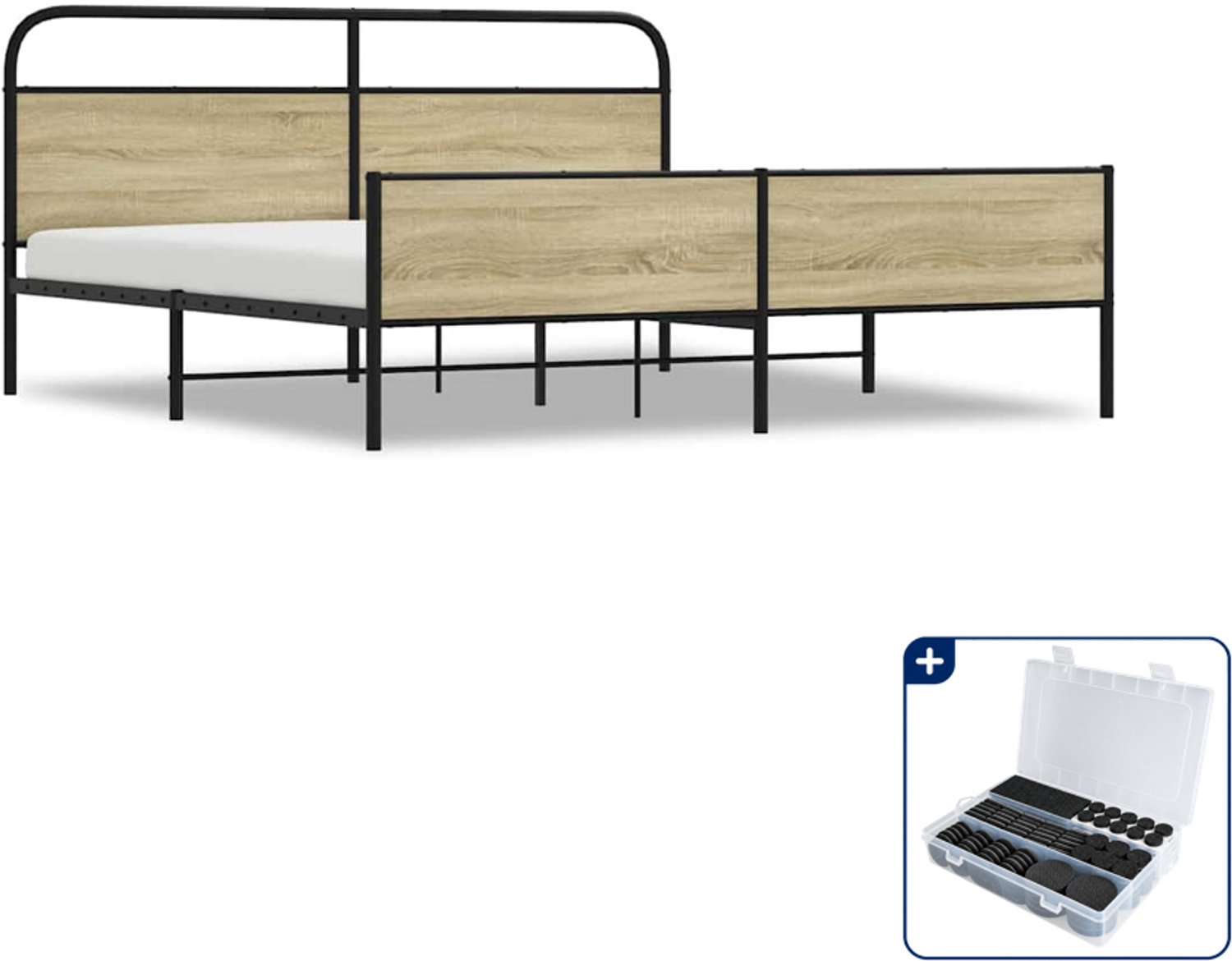 vidaXL bedframe - 193 x 203 cm - metaal en bewerkt hout - sonoma eiken - Inclusief antikrasvilt 177-delig Bruin