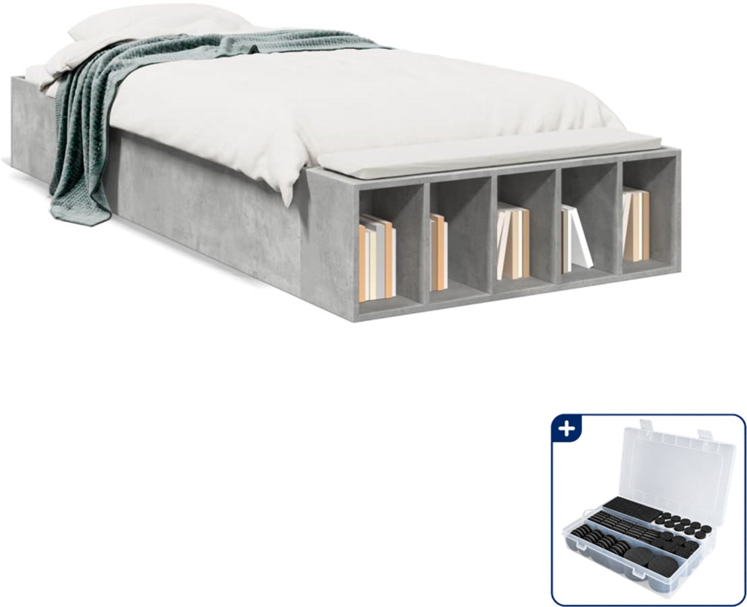 vidaXL bedframe - 90 x 190 cm - bewerkt hout - betongrijs - Inclusief antikrasvilt 177-delig