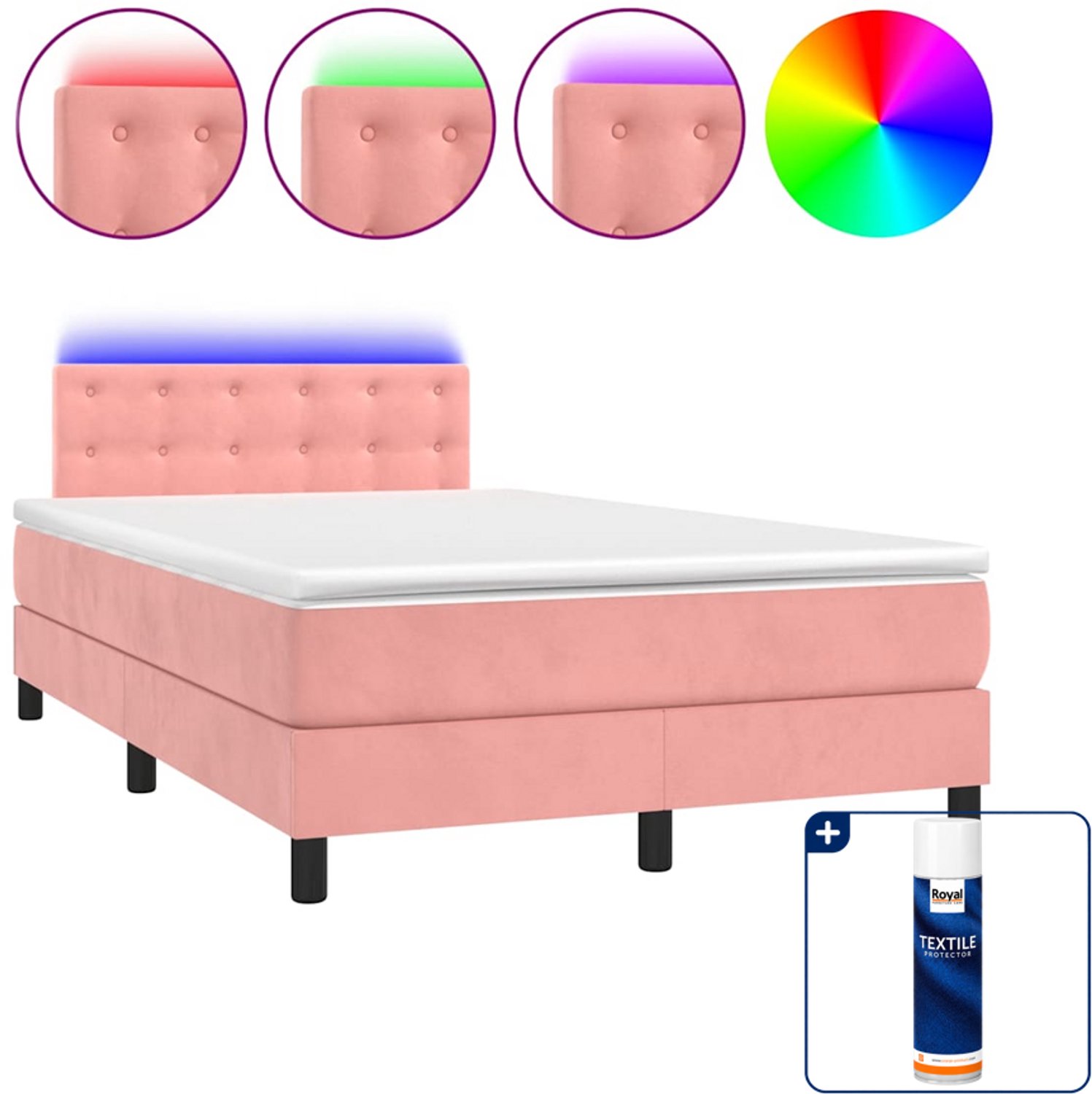 vidaXL boxspring met matras en led - 120 x 190 cm - fluweel - roze - Inclusief textielbeschermer 500 ml Grijs