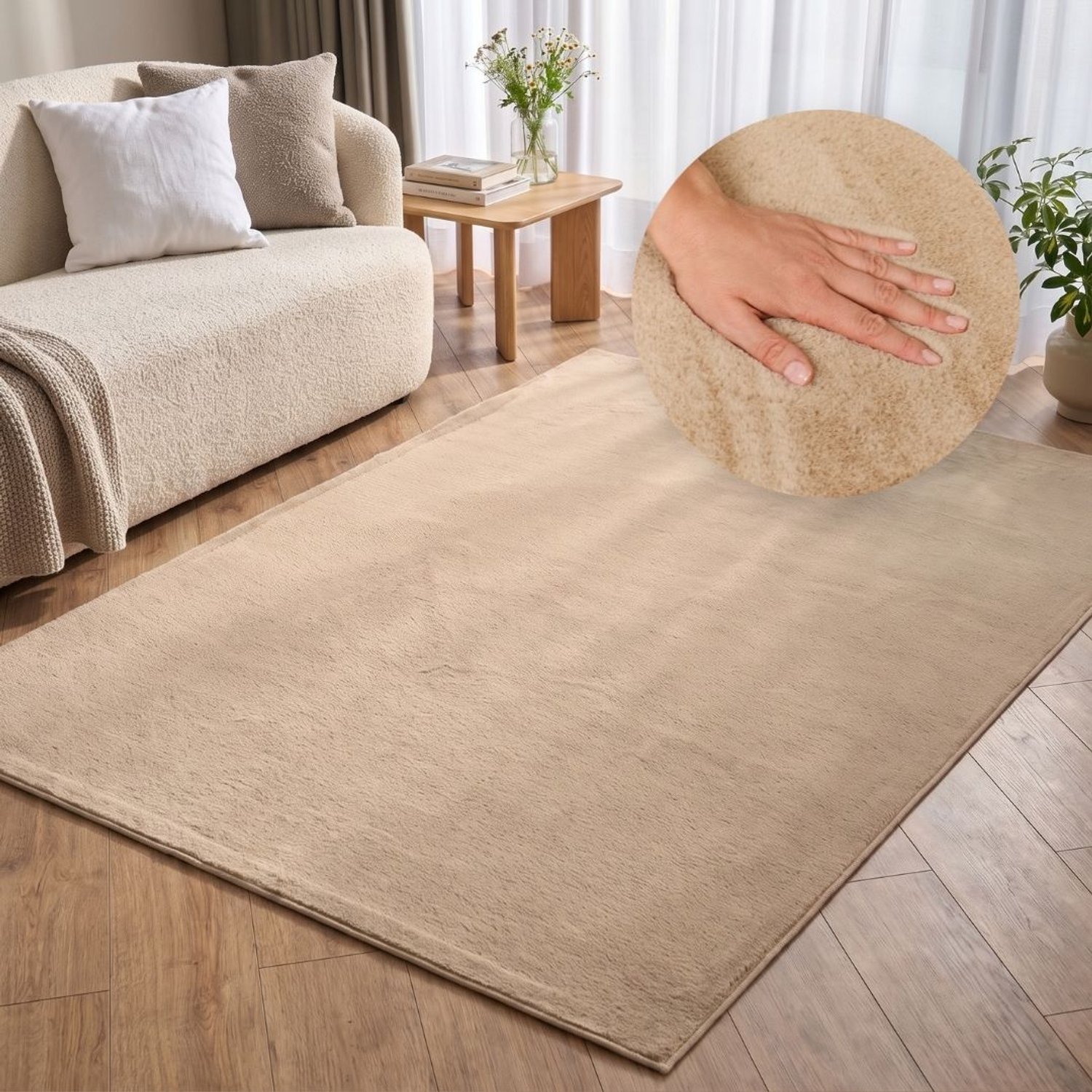 Tapiso Lumi Vloerkleed Beige Zacht Antislip Wasbaar Slaapkamer Woonkamer Tapijt, foto 5