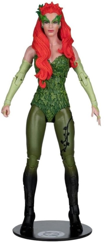 Poison Ivy actiefiguur met rood haar, groen bladerkostuum, lichtgroene armstukken en zwarte laarzen op een DC-standaard.
