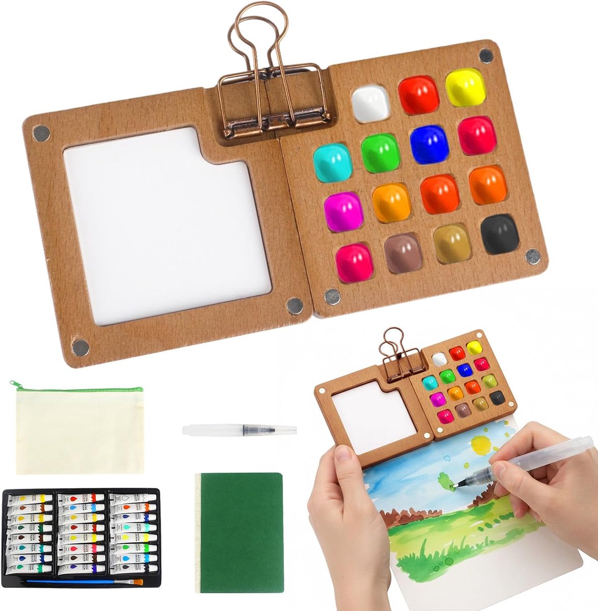 Mini Watercolor Kit, Mini Art Set, 15-Grid Wooden Palette, Water Brushes, Watercolor Paint, Storage Bag, Metal Clip & - ShopVlot