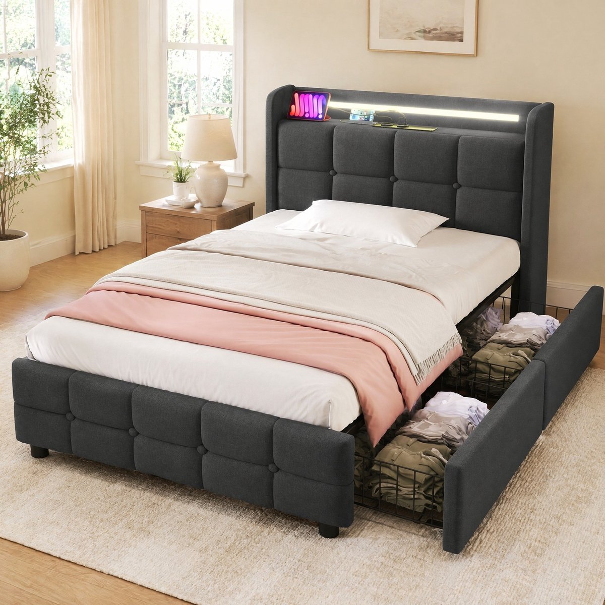 WUVRIE Gestoffeerd eenpersoonsbed 90x200 cm met LED, USB, stopcontacten en 2 lades, grijs