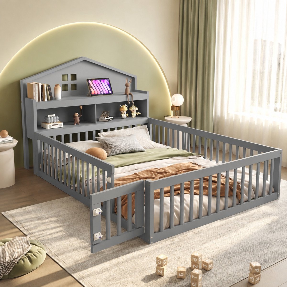 WUVRIE Kinderbed 140x200 cm in huisvorm met opbergvakken, beschermhek, deur en lattenbodem, grijs