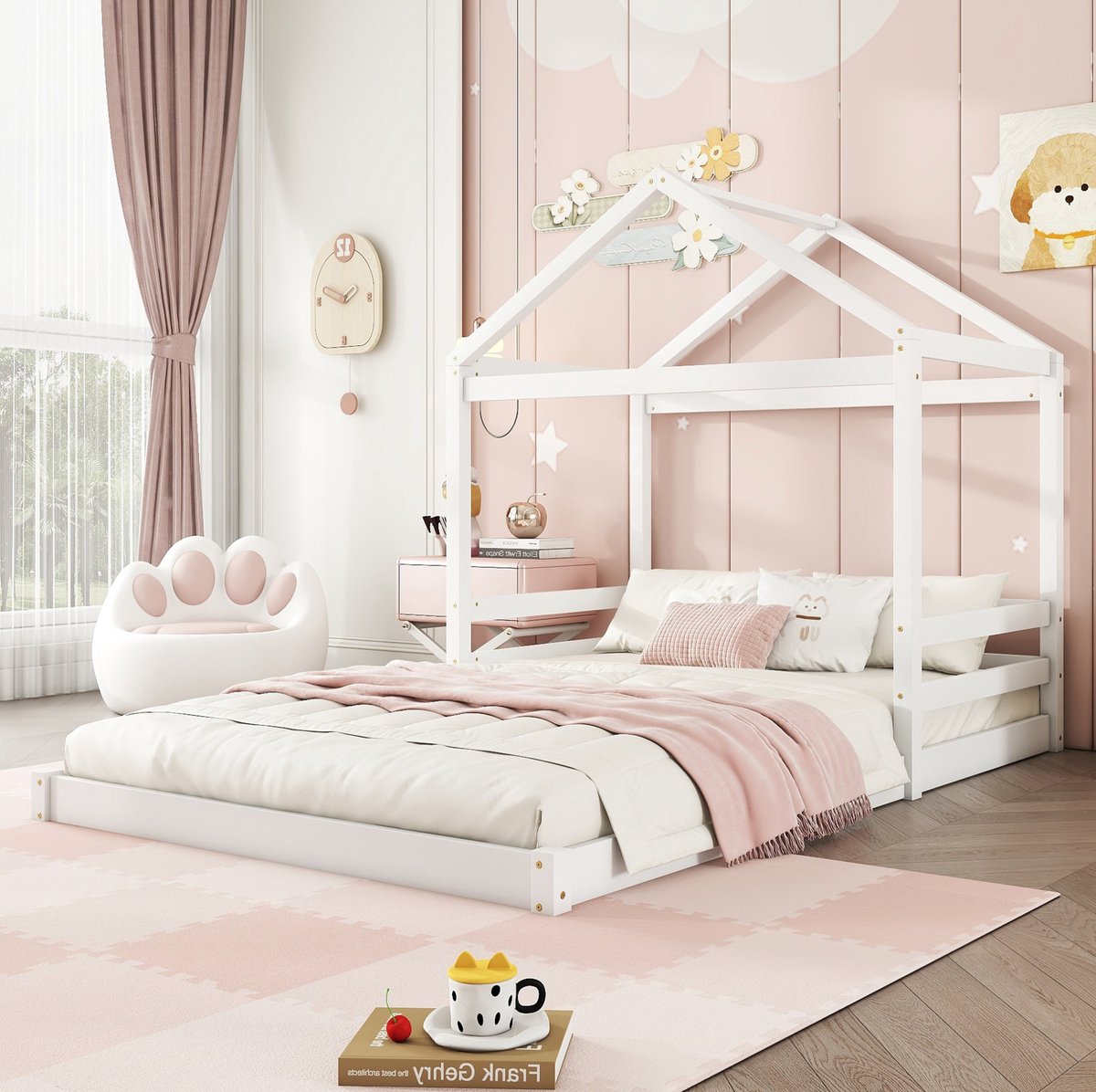 WUVRIE Kinderbed in huisvorm 140 x 200 cm met lattenbodem, hout en MDF, zonder matras, wit