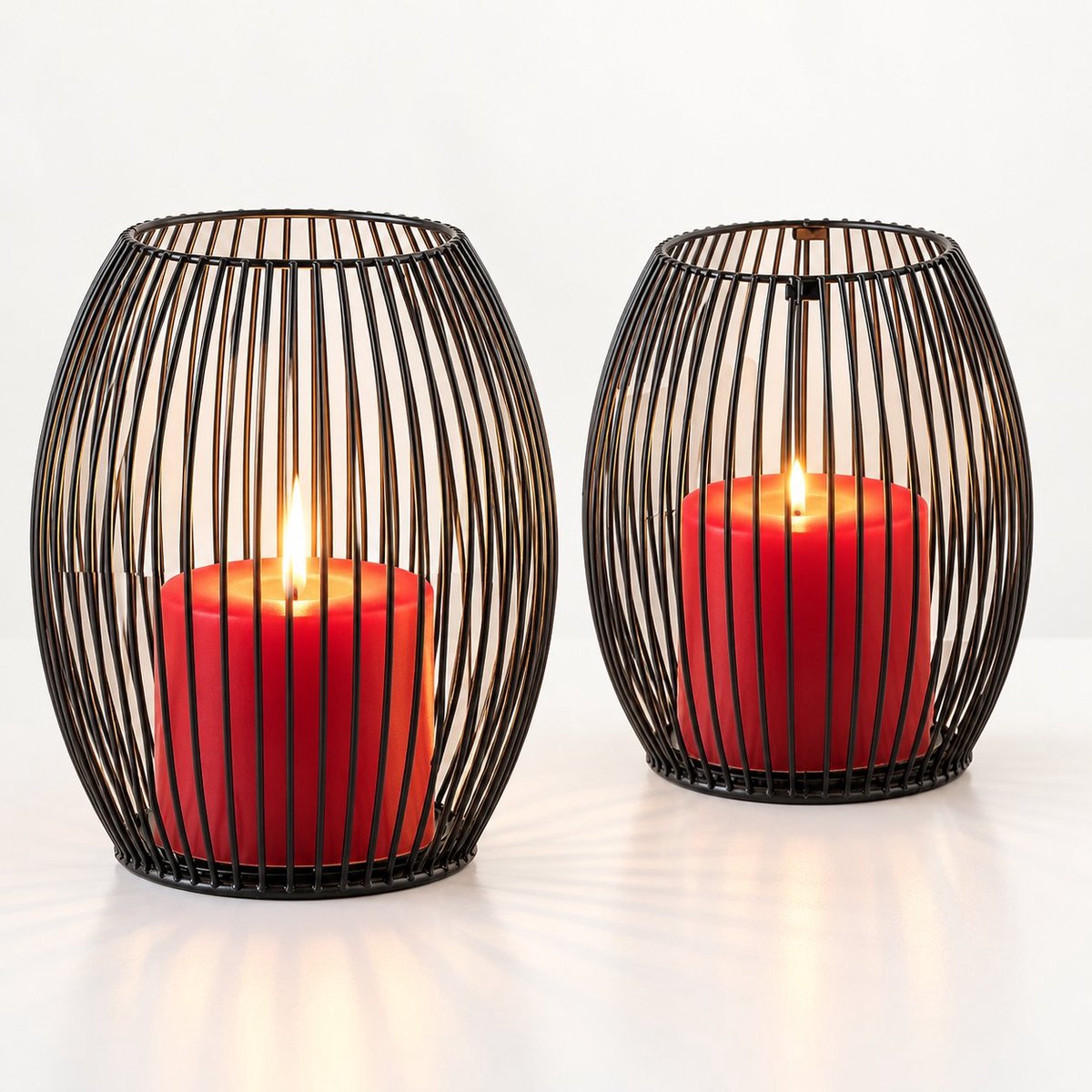 R H R&H® Kandelaar Set van 2 - Metalen Lantaarn Kandelaars voor Stompkaarsen - Vintage Tafeldecoratie - Zwart