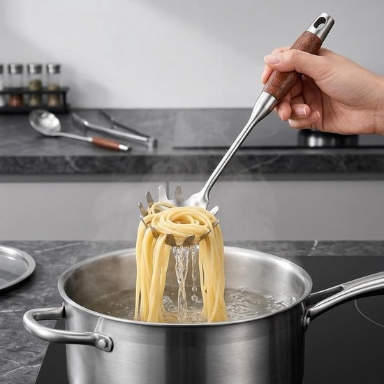 Pastatang en spaghettilepel 30,5 cm - 304 roestvrij staal - houten handvat - ideaal voor pasta en groenten - ShopVlot — afbeelding 3