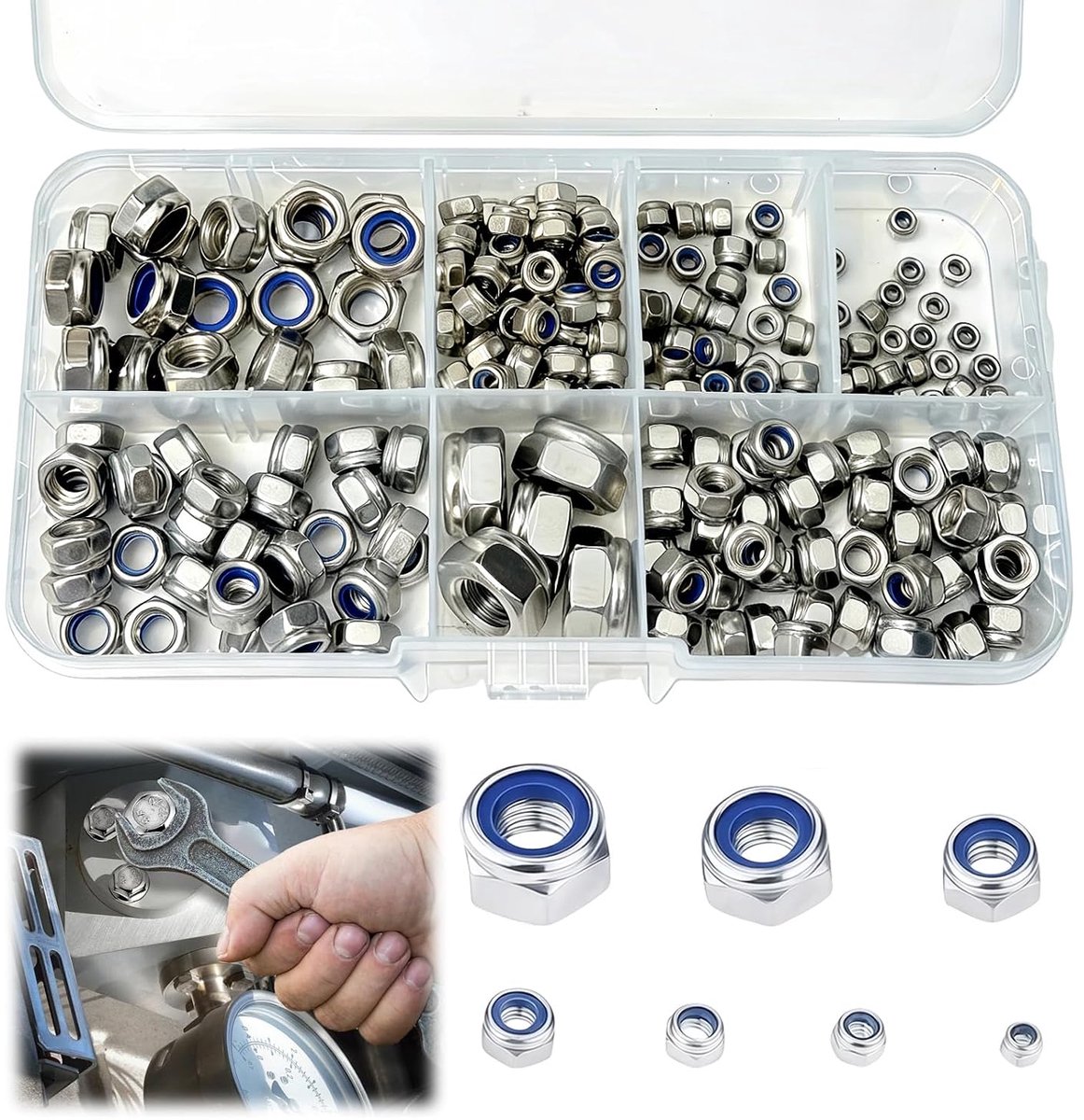 200 stuks borgmoeren, moeren M2, M3, M4, M5, M6, M7, M8, 304 roestvrij staal, voor montage, doe-het-zelf, reparatie, onderhoud, mechanische en industriële projecten