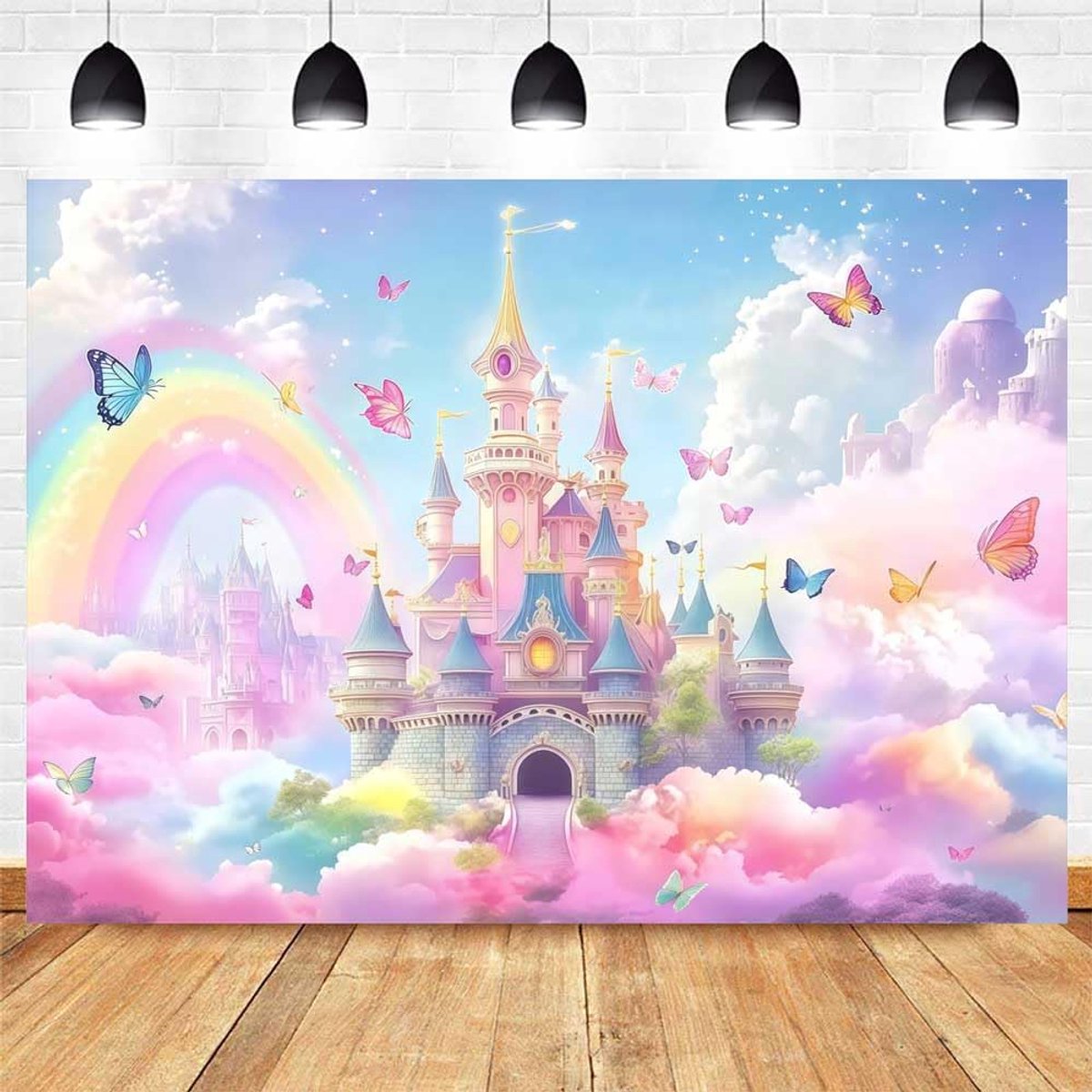 Regenboogkasteel, prinsessenachtergrond, stof, sprookjesthema, verjaardagsfeest, regenboog, koninkrijk - ShopVlot