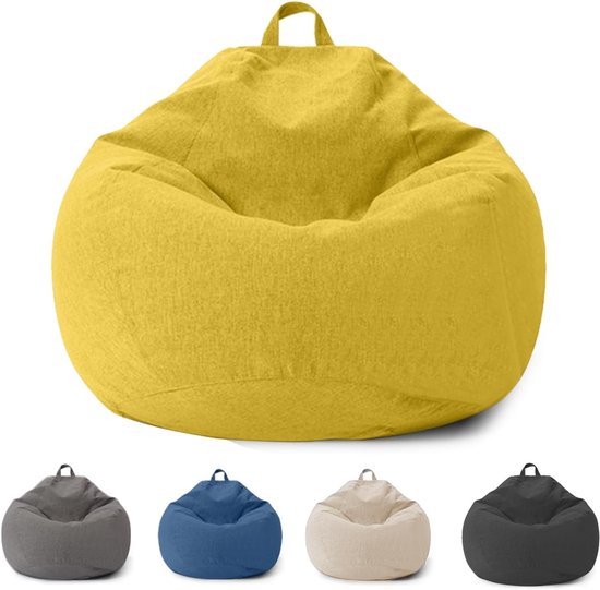 Gele, blauwe, grijze en crèmekleurige zitzakken in verschillende maten.