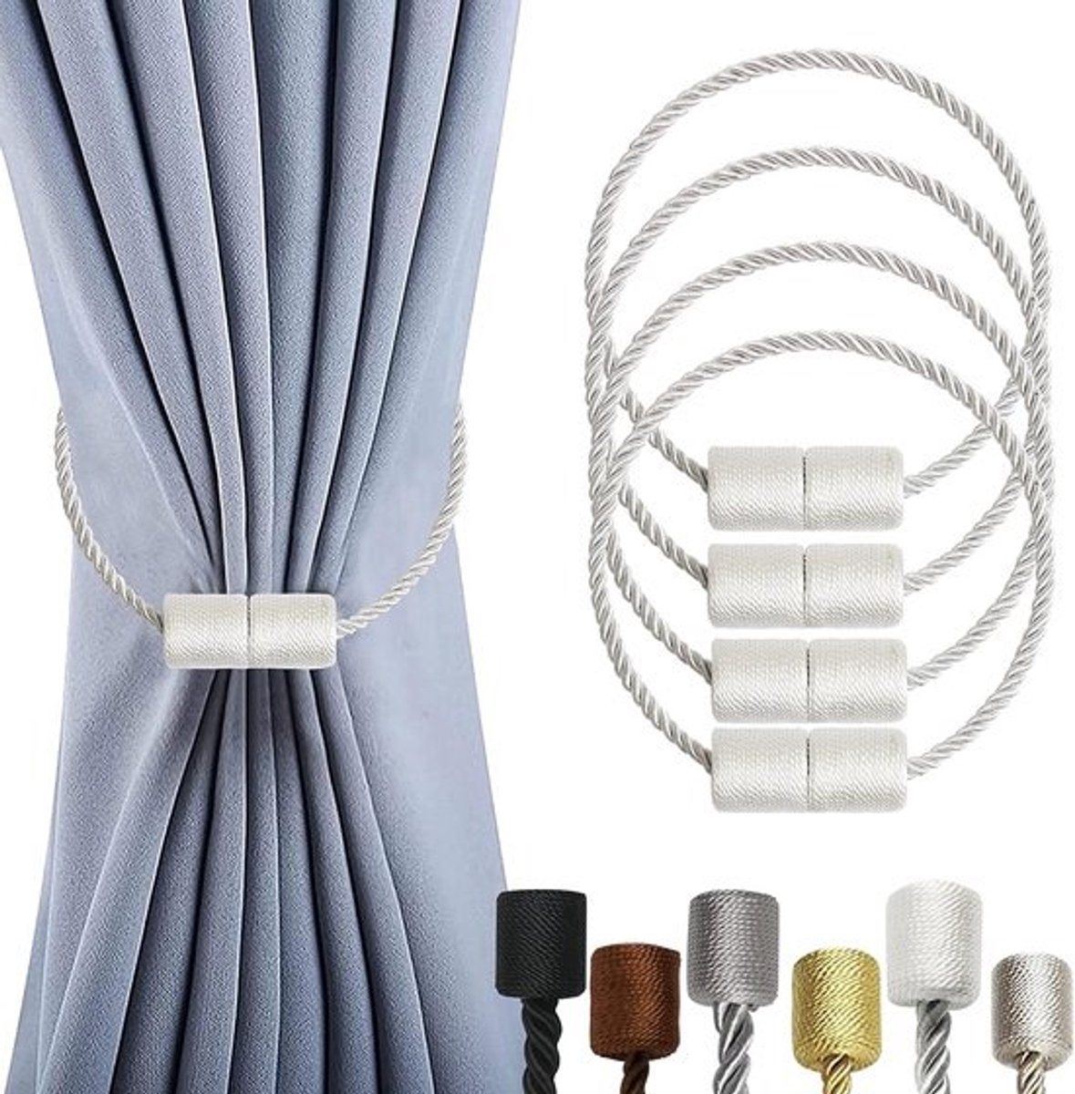 Gordijnhangers - Magnetische clips - Stukken voor raambekleding - Sterke magneetbevestiging - 45cm touwlengte - Wit