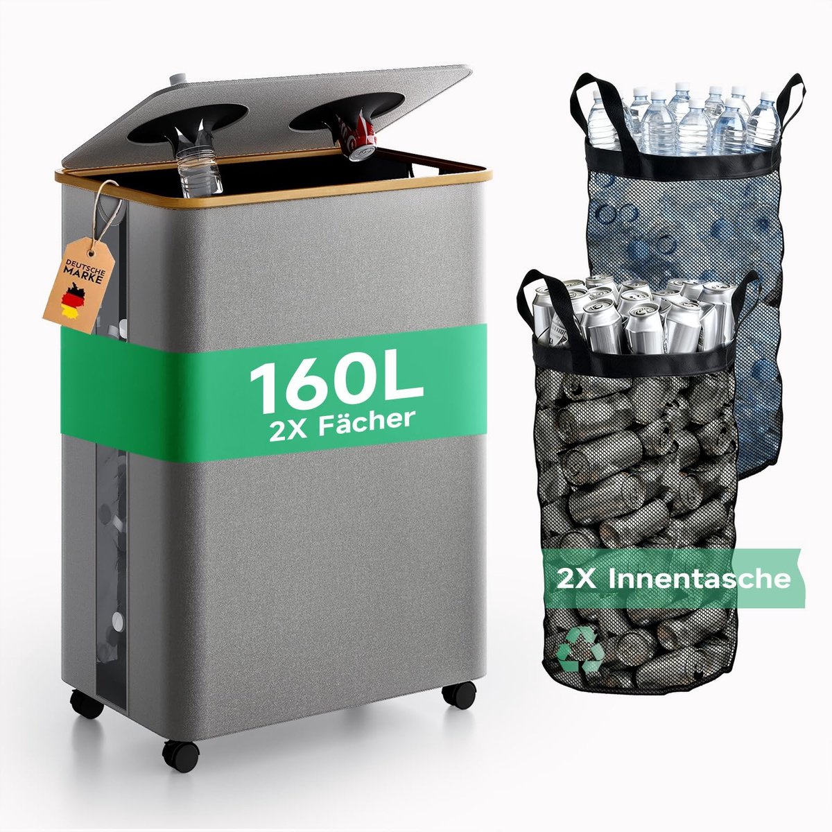 Recycleerbakken 160L met 2 vakken - Grote vuilnisbak met deksel - Ideaal voor gescheiden afval - ShopVlot