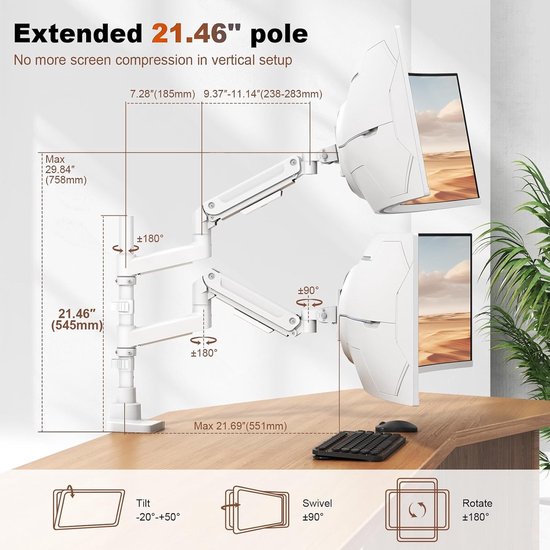 Zware Dubbele Monitorarm voor 17-49" Schermen - Verticaal Gestapelde Monitorsteun voor Ultrawide Displays tot 20kg, Aluminium, Volledige Beweging, VESA 75/100mm, Wit en Ergonomisch Ontwerp — afbeelding 3