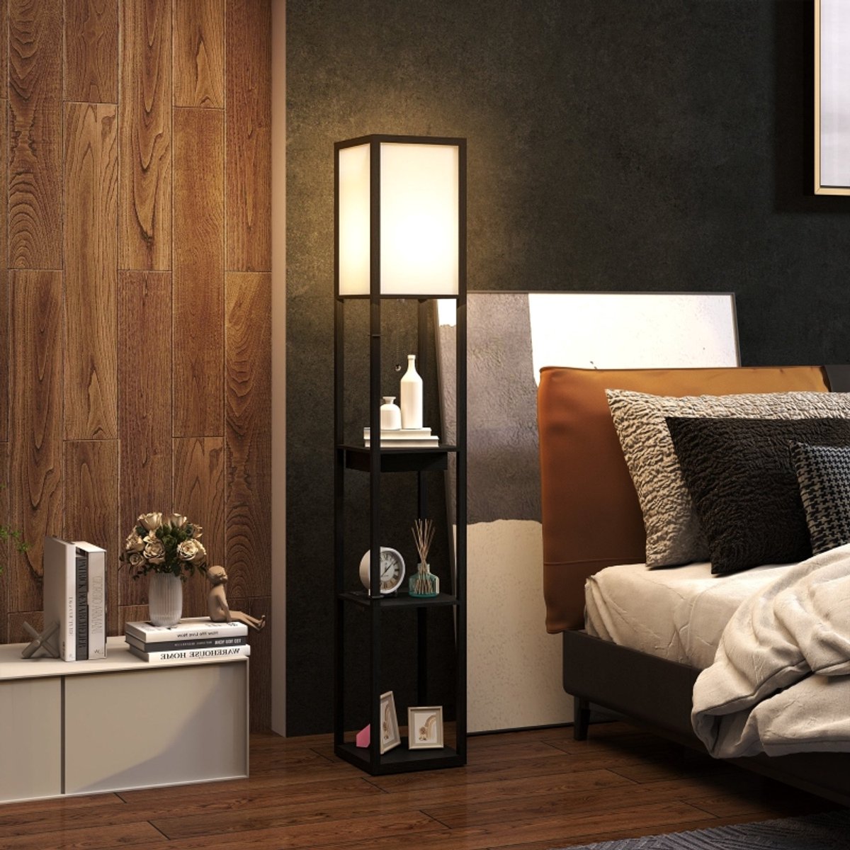 Staande Lamp Met Planken – 26 x 26 x 159 cm – USB-A, USB-C En Stopcontact – Hout – Zwart Wit – E27-fitting