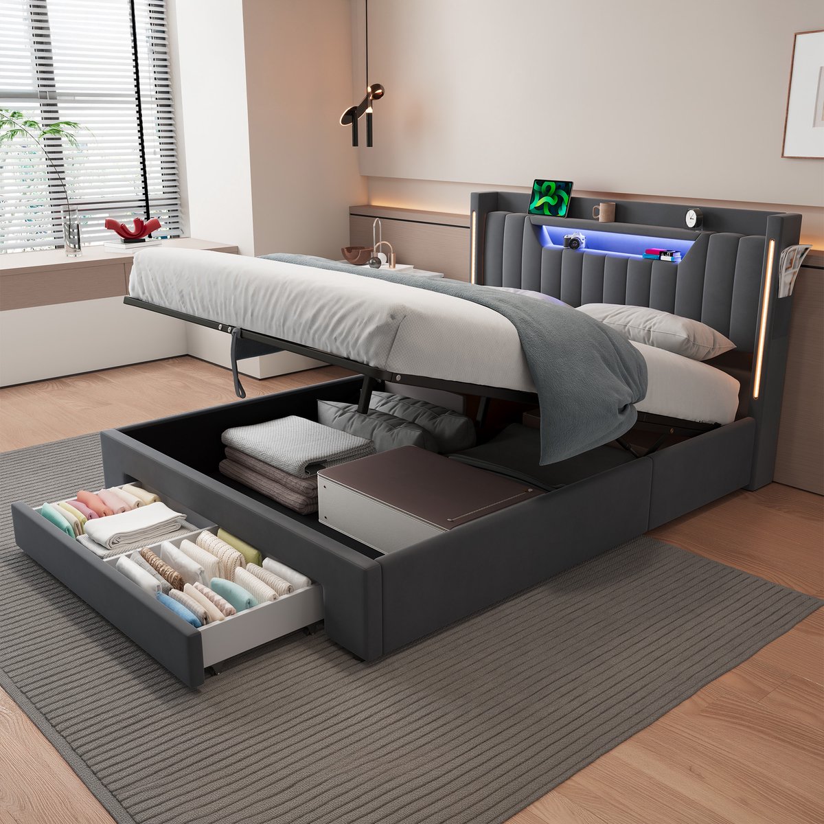 DESMIU Gestoffeerd Bed 140x200cm – LED Licht en Oplaadfunctie – Opbergruimte – Zonder matras – Donkergrijs