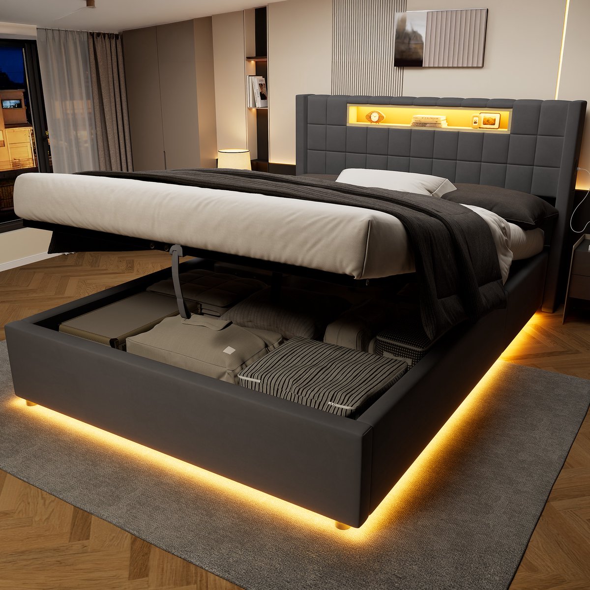 DESMIU Gestoffeerd Tweepersoonsbed 140 x 200 cm – Bed met LED-verlichting en opbergruimte – Donkergrijs – Zonder matras