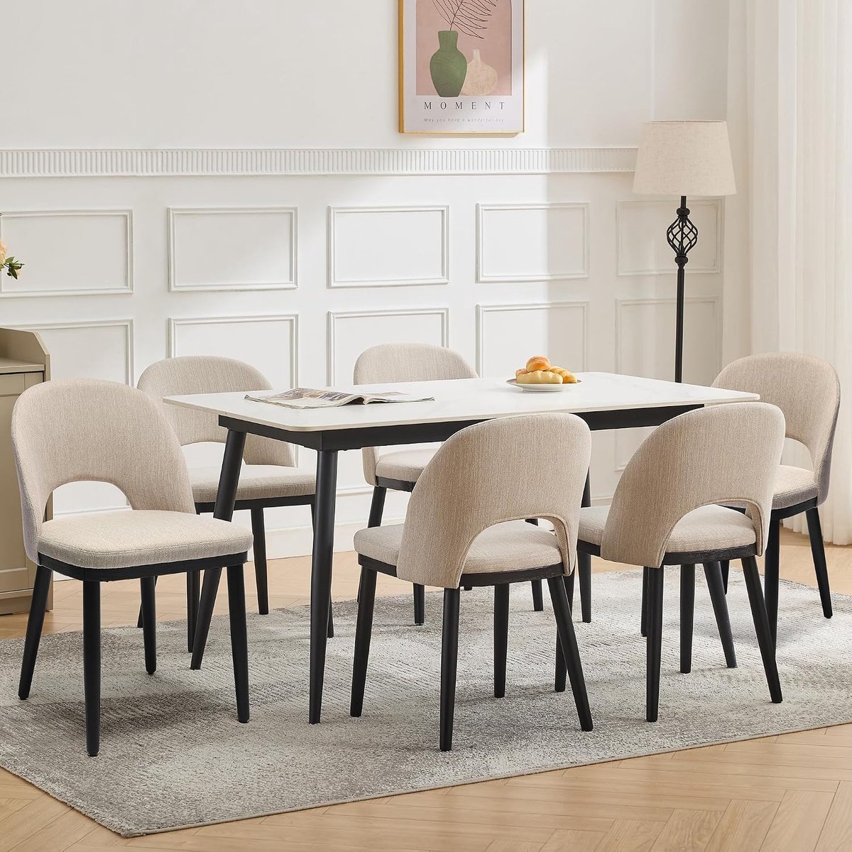 Eetkamerstoelen Set van 6 - Linnen Stoelen Houten Poten Beige 136kg - beige