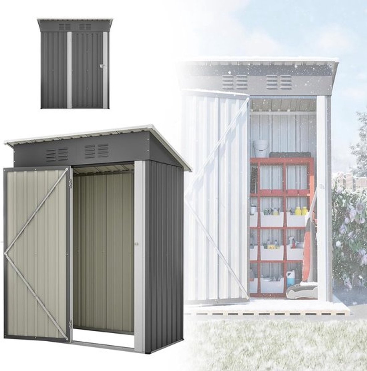 Metalen tuinhuis - Tuinschuur voor buiten - Opbergruimte voor tuinspullen - Waterdicht - met klapdeuren - 152 x 84 x 182 cm - Grijs