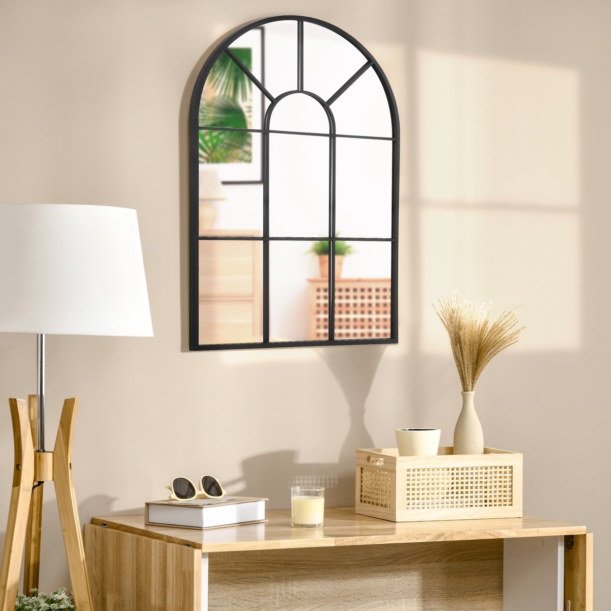 MODENUIT Wandspiegel – 91 x 60 cm – Metalen Frame – Zwart – Boogvormig Vensterontwerp – Wandmontage met Haken