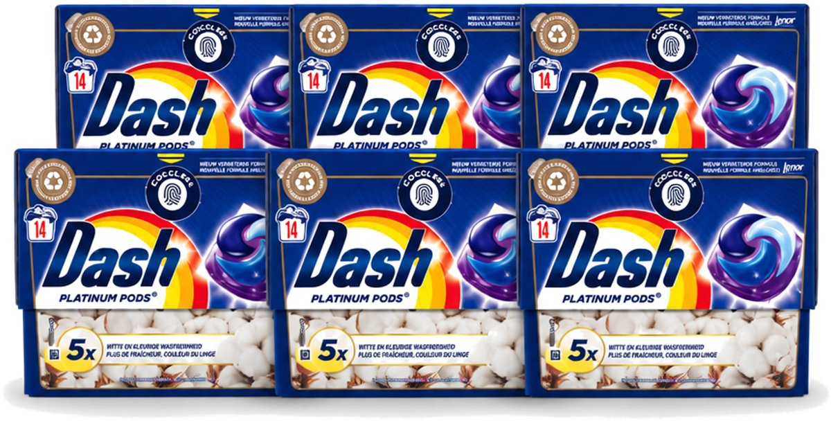 6 x Dash Platinum - Wasmiddel Capsules - Witte en Gekleurde Was - Frisheid van Katoen - 14 Wasbeurten - Voordeelverpakking - 6 stuks