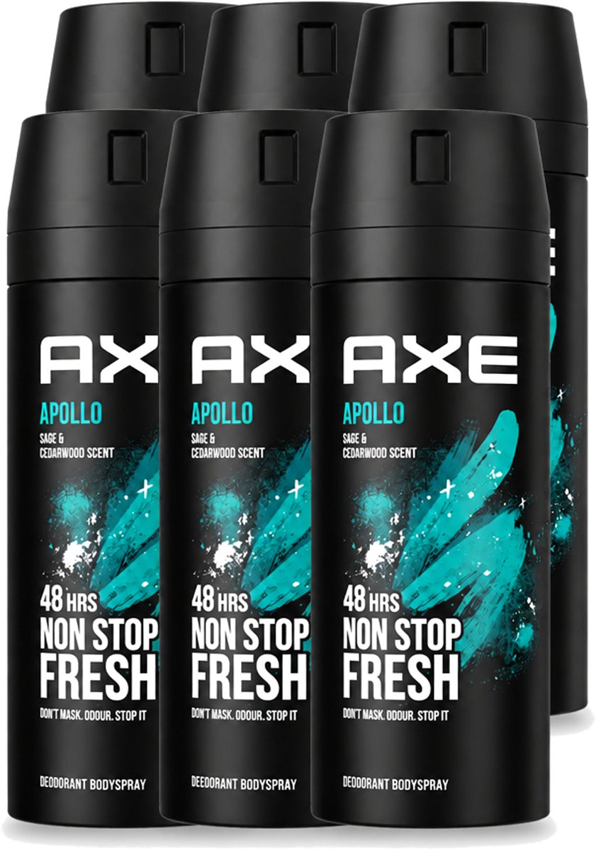 6 x Axe - Deodorant Bodyspray - 48hrs Fresh - Apollo - Sage & Cedarwoord - 150 ml - Voordeelverpakking - 6 stuks