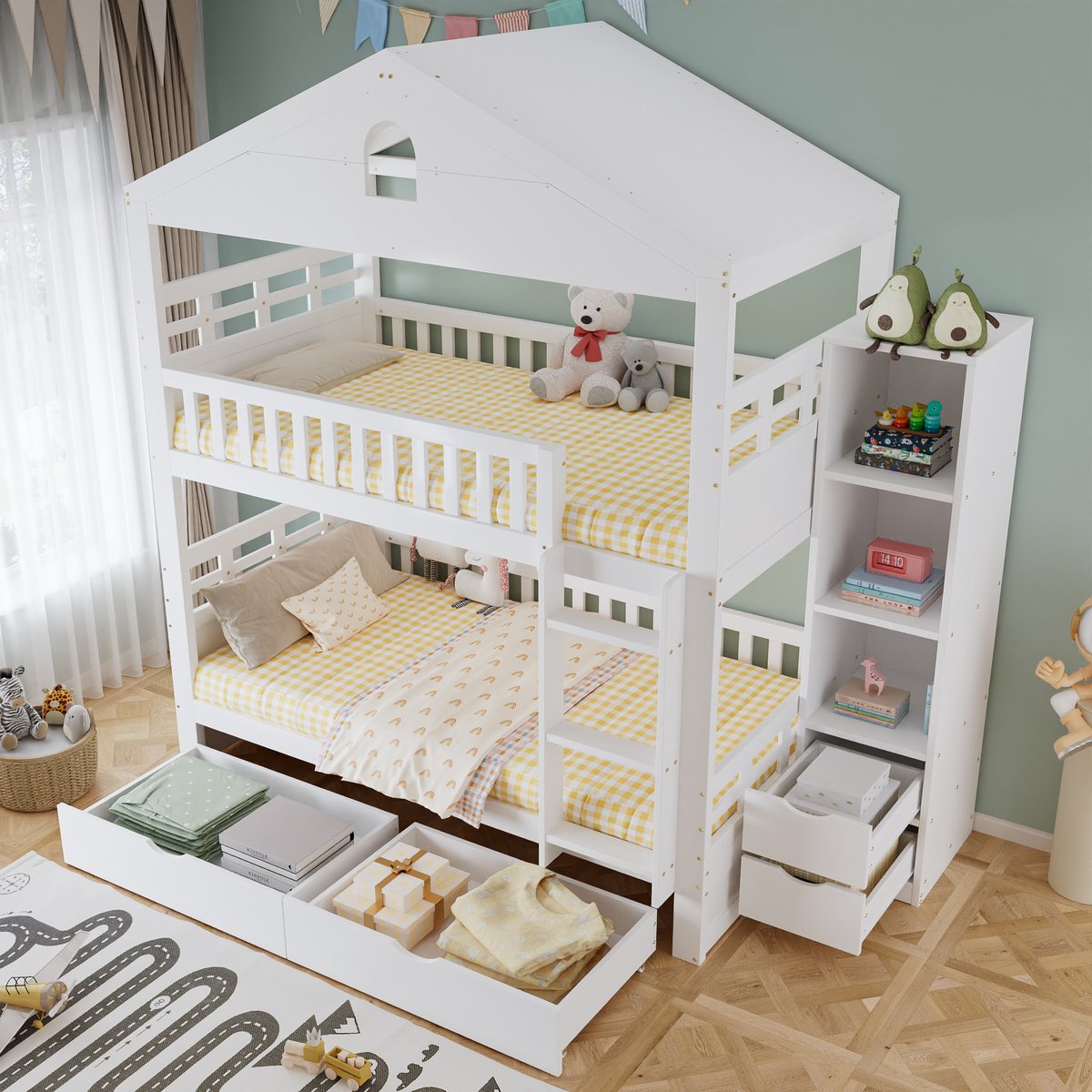 DESMIU Stapelbed 90 x 200 cm – Huisvorm met Ladder en Valbeveiliging – 2 Lades en Zijkast – Voor Kinderen – Hout – Wit – Zonder Matras