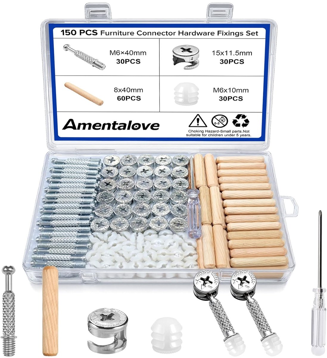 Set of 150 Eccentric Furniture Connectors with Ø 15mm Eccentric Connectors, M6 Connection Screws, Ø 8mm Wooden Plugs - ShopVlot