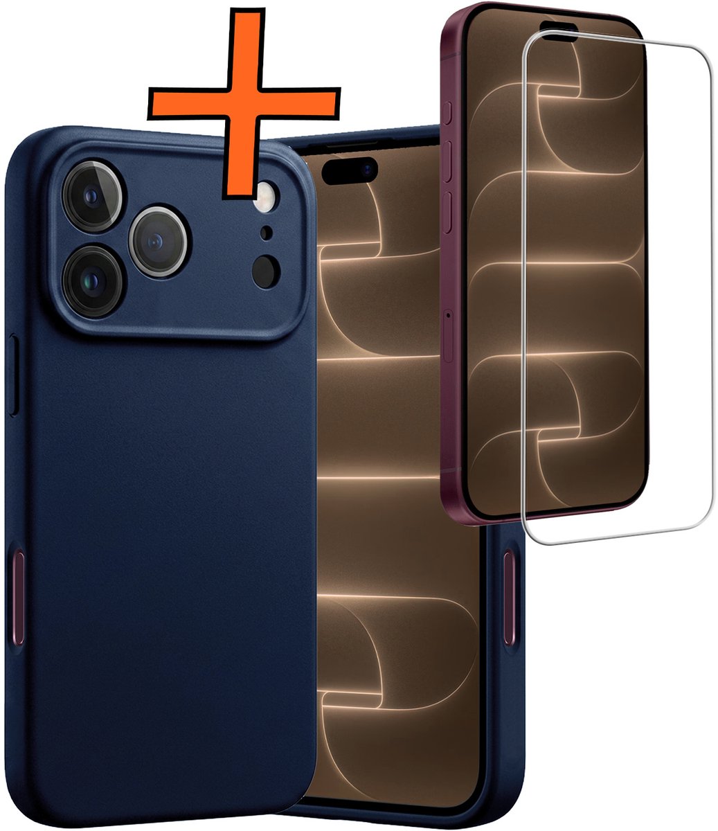 Hoes - Met Screenprotector - Geschikt voor Apple iPhone 18 Pro - Sterk & Shockproof - Back Cover - Siliconen Case - Telefoon Hoes - Donkerblauw