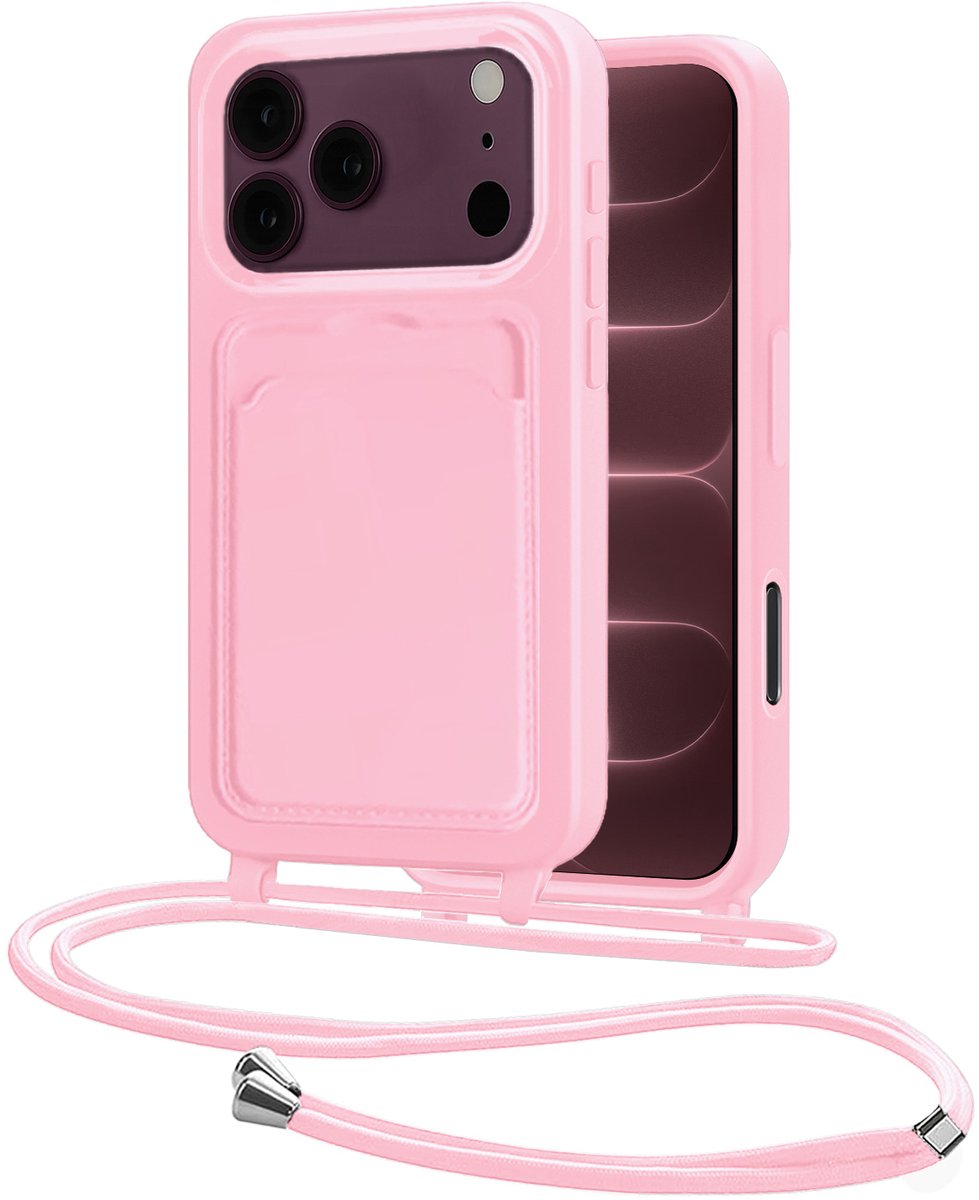 Hoes Geschikt voor iPhone 18 Pro Met Telefoonkoord - Siliconen Hoesje Backcover Met Ketting - Lichtroze