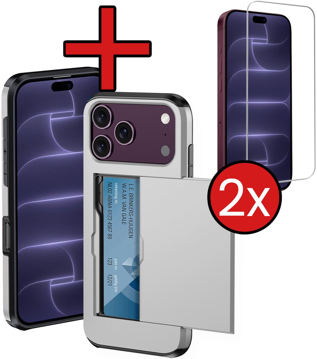Hoesje Geschikt voor iPhone 18 Pro Hoesje Met Pasjeshouder Hard Case Met Kaarthouder Met 2x Screenprotector - Hoes Geschikt voor iPhone 18 Pro Hoesje Pashouder Case - Grijs