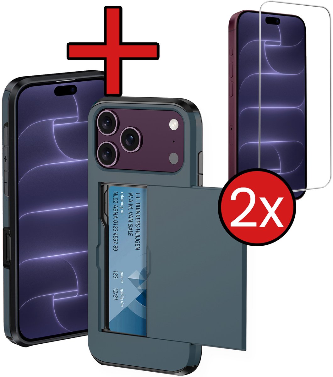 Hoesje Geschikt voor iPhone 18 Pro Hoesje Met Pasjeshouder Hard Case Met Kaarthouder Met 2x Screenprotector - Hoes Geschikt voor iPhone 18 Pro Hoesje Pashouder Case - Donkerblauw