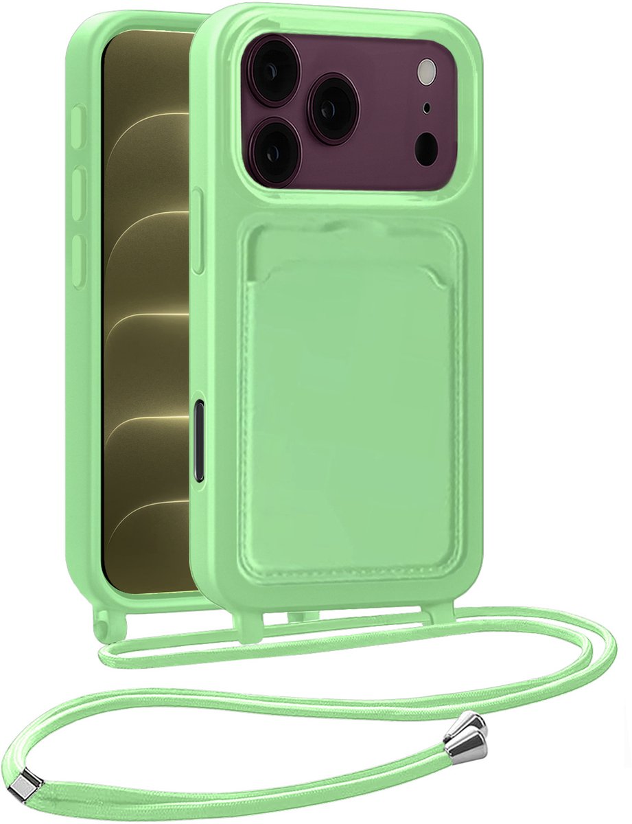 Hoesje Geschikt voor iPhone 18 Pro Hoesje Met Koord Siliconen Case - Hoes Geschikt voor iPhone 18 Pro Backcover Met Afneembaar Koord - Groen